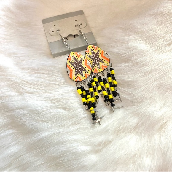 Colorful Star Printed Earrings With Beaded Fringe - Picture 3 of 3